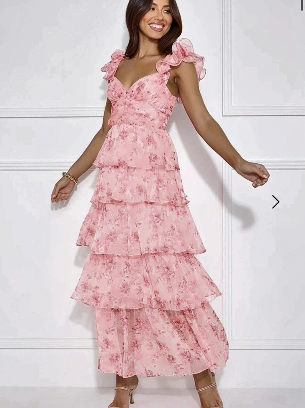 Hello Molly Pink Floral Ruffle Tiered Maxi Dress